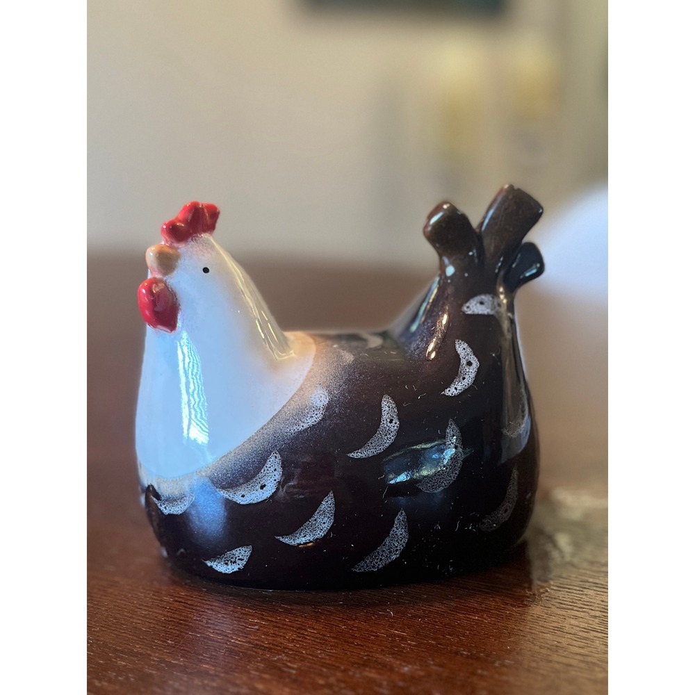 Ceramic Hen Figurine Brown White Glazed Chicken Statue Farmhouse Kitchen Decor